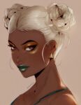  1girl apex_legends artist_name beige_background black_eyeshadow brown_eyes brown_eyeshadow collarbone dark_skin dark-skinned_female dbdkitty double_bun earrings english_commentary eyeshadow freckles green_lips hair_behind_ear highres jewelry lifeline_(apex_legends) light_smile lipstick looking_at_viewer makeup silver_hair solo triangle_earrings 