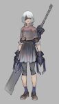  1girl absurdres alternate_costume bangs blindfold breasts brown_capelet brown_footwear capelet full_body grey_background grey_skirt highres hood hooded_capelet leggings looking_to_the_side medium_breasts mohrefa nier_(series) nier_automata short_hair skirt solo sword weapon weapon_on_back white_hair yorha_no._2_type_b 