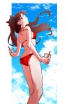  1girl ass back bangs bare_shoulders bikini black_bow blue_eyes blue_sky bow breasts brown_hair clouds cloudy_sky commentary_request cup fate/stay_night fate_(series) floating_hair framed from_side hair_bow holding holding_cup karasaki legs long_hair looking_at_viewer parted_bangs parted_lips red_bikini sky solo standing swimsuit tohsaka_rin twintails wind 