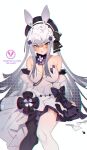  1girl animal_ear_legwear animal_ears bare_shoulders black_legwear black_ribbon blush breasts commentary detached_sleeves dress english_text feet_out_of_frame flower girls_frontline green_eyes hair_flower hair_ornament hair_ribbon highres hk416_(girls_frontline) large_breasts long_hair looking_at_viewer mismatched_legwear purple_headwear rabbit_ears ribbon simple_background sitting solo soukou_makura sweatdrop symbol_commentary teardrop_tattoo thigh-highs v-shaped_eyebrows white_background white_dress white_hair white_legwear white_sleeves 