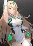  1girl aegis_sword_(xenoblade) bangs bare_legs bare_shoulders blonde_hair breasts chest_jewel cleavage_cutout clothing_cutout dress earrings elbow_gloves gem gloves headpiece highres jewelry large_breasts long_hair looking_at_viewer mythra_(xenoblade) raitho104 short_dress smile swept_bangs thigh_strap tiara very_long_hair white_dress white_footwear white_gloves xenoblade_chronicles_(series) xenoblade_chronicles_2 yellow_eyes 