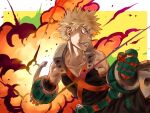  1boy 4o080_yotabnc bakugou_katsuki belt blonde_hair boku_no_hero_academia clenched_teeth commentary_request explosion explosive gauntlets gloves grenade highres looking_away male_focus red_eyes solo spiky_hair teeth two-tone_background utility_belt white_background yellow_background 