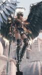  1girl armor boots feathered_wings full_body ghostblade helmet highres lance lips mechanical_halo nose patreon_logo patreon_username plate_armor polearm sarlia_(ghostblade) shoulder_armor solo spaulders thigh-highs thigh_boots valkyrie weapon wings wlop 