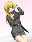  1girl anzio_military_uniform bangs belt black_belt black_shirt blonde_hair carpaccio_(girls_und_panzer) clipboard closed_mouth commentary_request dated dress_shirt eyebrows_visible_through_hair girls_und_panzer green_eyes grey_jacket grey_skirt hinamatsuri holding holding_clipboard holding_pencil jacket knife long_hair long_sleeves looking_at_viewer military military_uniform miniskirt oosaka_kanagawa partial_commentary pencil pun shirt sitting skirt smile solo translated uniform wing_collar 