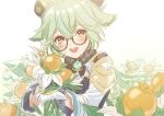  1girl :d animal_ears bangs blush cat_ears commentary_request dress flower genshin_impact glasses gloves green_hair hat highres holding holding_flower looking_at_viewer open_mouth rosa_(hoshino) round_eyewear semi-rimless_eyewear short_hair simple_background smile solo sucrose_(genshin_impact) upper_body upper_teeth vision_(genshin_impact) white_background white_dress white_gloves white_headwear yellow_flower 