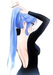 1girl absurdres adjusting_hair backless_dress backless_outfit black_dress blue_eyes blue_hair borrowed_character breasts dress english_commentary from_behind hair_ornament hair_scrunchie hand_in_hair highres long_hair long_sleeves medium_breasts minah_(chaesu) no_bra original ponytail quentin_gaschet scrunchie solo white_background 