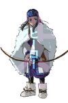  1girl ainu ainu_clothes asirpa black_hair black_pants blue_bandana blue_eyes boots bow_(weapon) cape drawing_bow earrings full_body fur_cape golden_kamuy highres hoop_earrings jewelry jo_(kzzsnsk_9) long_hair long_sleeves looking_at_viewer medium_hair pants simple_background solo text_focus translation_request weapon white_background white_cape white_footwear 