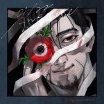  1boy bandages black_background black_eyes black_hair blood blood_on_face bloody_bandages dated facial_hair flower_request goatee golden_kamuy highres jyuuuuuuu_(pizza) looking_at_viewer ogata_hyakunosuke scar scar_on_cheek scar_on_face solo twitter_username 