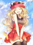  1girl bare_arms blonde_hair blurry breasts brown_legwear closed_eyes clouds commentary day eyelashes eyewear_on_headwear hands_together hat highres long_hair open_mouth outdoors pleated_skirt pokemon pokemon_(game) pokemon_xy red_skirt serena_(pokemon) shirt skirt sky sleeveless sleeveless_shirt smile solo sunglasses thigh-highs tongue yomogi_(black-elf) |d 