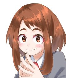  1girl blazer blush boku_no_hero_academia brown_eyes brown_hair closed_mouth commentary dress_shirt fingers_together grey_jacket hand_to_own_mouth hands_together highres jacket looking_at_viewer mitsugu necktie own_hands_together portrait red_neckwear school_uniform shirt short_hair short_hair_with_long_locks sidelocks simple_background smile solo steepled_fingers thick_eyebrows u.a._school_uniform uraraka_ochako white_background white_shirt 