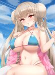  1girl absurdres aqua_bikini azur_lane bikini blue_bikini blue_sky braid braided_bun breasts castell choker criss-cross_halter double_bun feather_boa formidable_(azur_lane) formidable_(the_lady_of_the_beach)_(azur_lane) halterneck highres huge_filesize kneehighs long_hair looking_at_viewer multi-strapped_bikini navel official_alternate_costume pink_choker platinum_blonde_hair red_eyes single_thighhigh skindentation sky solo swimsuit thigh-highs very_long_hair white_legwear 