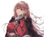  1girl bangs black_coat breasts coat coat_on_shoulders eyebrows_visible_through_hair fate/grand_order fate_(series) florence_nightingale_(fate) flower gloves hand_on_own_chin holding holding_flower jacket large_breasts long_hair looking_at_viewer military military_uniform pink_hair red_eyes red_jacket ru_251 simple_background solo trench_coat uniform upper_body very_long_hair white_background white_gloves 