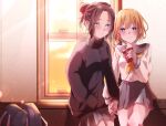  2girls alternate_universe apex_legends bag bangs black_hair black_jacket blonde_hair blue_eyes blush cellphone earphones grey_skirt hair_behind_ear highres holding holding_hands holding_phone jacket looking_at_viewer looking_to_the_side multiple_girls parted_bangs phone sa10yul school_bag school_uniform serafuku shared_earphones short_hair skirt smartphone smile tied_hair track_jacket wattson_(apex_legends) window wraith_(apex_legends) yuri 