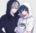  2boys animal argonavis_from_bang_dream! asahi_nayuta bang_dream! black_hoodie blue_hair dog drawstring holding holding_animal hood hoodie male_focus mizukikushou multiple_boys nanahoshi_ren pon-chan_(argonavis) puppy red_eyes simple_background violet_eyes white_background white_hair white_hoodie 