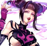  1girl bangs black_hair bracelet breasts double_bun fighting_game fingerless_gloves gloves hair_bun han_juri highres jewelry lipstick looking_at_viewer makeup nail_polish pink_eyes pink_nails saliva shirukii spiked_bracelet spikes street_fighter tongue 