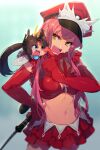  2girls alluring_chief_warden_look anger_vein bangs black_hair blue_eyes bra breasts cheek_pinching chibi cis05 elbow_gloves fate/grand_order fate_(series) gloves hair_bun hat long_hair looking_at_another looking_at_viewer medb_(fate) medb_(fate)_(all) medium_breasts miniskirt multiple_girls navel open_mouth parted_bangs peaked_cap pinching pink_hair red_bra red_gloves red_headwear red_skirt riding_crop side_bun side_ponytail sidelocks skirt tiara underwear ushiwakamaru_(fate) very_long_hair yellow_eyes 