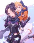  2girls apex_legends belt black_bodysuit black_gloves black_scarf blonde_hair blue_eyes bodysuit breasts brown_belt embarrassed gloves grey_eyes hair_bun highres hood hood_up hug hug_from_behind jacket lichtenberg_figure medium_breasts multiple_girls open_mouth orange_jacket purple_hair sa10yul scarf smile wattson_(apex_legends) white_bodysuit wraith_(apex_legends) yuri 