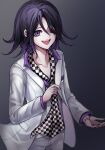  1boy :d absurdres bangs black_hair checkered checkered_scarf collarbone cowboy_shot danchu_(danchu0628) dangan_ronpa_(series) dangan_ronpa_10th_anniversary_costume dangan_ronpa_v3:_killing_harmony gradient gradient_background grey_background hair_between_eyes hair_over_one_eye highres jacket long_sleeves looking_at_viewer male_focus official_alternate_costume one_eye_closed open_clothes open_jacket open_mouth ouma_kokichi pants pink_shirt purple_hair scarf shirt short_hair smile solo upper_teeth vest violet_eyes white_jacket white_pants white_vest 