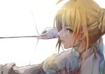  1girl absurdres ahoge artoria_pendragon_(all) bangs blonde_hair blood blood_on_face bow_(weapon) braid chinese_commentary commentary_request eyebrows_visible_through_hair fate/stay_night fate_(series) from_side gloves green_eyes hair_between_eyes hair_bun highres holding holding_bow_(weapon) holding_weapon long_sleeves looking_at_viewer medium_hair parted_lips pugwit saber simple_background solo weapon white_background white_gloves 