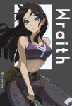  1girl absurdres alternate_hairstyle apex_legends artist_name belt black_hair blue_eyes bra breasts brown_belt character_name dangoyan floating_hair grey_pants hair_behind_ear head_tilt highres holding holding_knife knife leaning_forward light_blush long_hair looking_at_viewer medium_breasts midriff navel nose_piercing pants piercing purple_bra solo sports_bra underwear wraith_(apex_legends) 