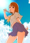  1girl absurdres brown_eyes character_request clouds cloudy_sky commentary_request copyright_request eating eyelashes food highres ice_cream kaneko_naoya looking_at_viewer medium_hair orange_hair popsicle school_uniform shirt skirt sky solo standing sunlight 