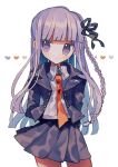  1girl bangs black_ribbon blunt_bangs blush braid closed_mouth collared_shirt commentary_request cowboy_shot dangan_ronpa:_trigger_happy_havoc dangan_ronpa_(series) eyebrows_visible_through_hair gloves grey_shirt hair_ribbon jacket kirigiri_kyouko long_hair long_sleeves looking_at_viewer looking_to_the_side manaita_no_sake necktie open_clothes open_jacket orange_neckwear pleated_skirt purple_hair ribbon shirt side_braid single_braid skirt solo violet_eyes 