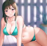  1girl aqua_bikini arm_support bangs bikini blurry breasts brown_hair collarbone depth_of_field hashi large_breasts leaning_to_the_side light_smile looking_at_viewer navel on_floor original shade sitting skindentation solo string_bikini swimsuit thigh_gap violet_eyes wooden_floor 