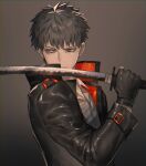 1boy bangs black_gloves black_jacket collared_jacket fate/grand_order fate_(series) from_side gloves grey_eyes grey_hair highres holding holding_sword holding_weapon jacket katana leather leather_jacket long_sleeves male_focus none_(kameko227) over_shoulder saitou_hajime_(fate) short_hair solo sword sword_over_shoulder upper_body weapon weapon_over_shoulder 