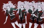  4girls bangs bear_hair_ornament black_bra black_neckwear black_shirt bow bra breasts bunny_hair_ornament cosplay cowboy_shot crown dangan_ronpa:_trigger_happy_havoc dangan_ronpa_(series) dual_persona enoshima_junko enoshima_junko_(cosplay) freckles hair_ornament hands_on_hips highres ikusaba_mukuro long_hair looking_at_another medium_breasts miniskirt multiple_girls necktie pleated_skirt red_background red_bow red_nails red_skirt shaded_face shirt skirt smiel smile spoilers standing twintails underwear vo1ez white_bow white_neckwear 