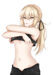  1girl artoria_pendragon_(all) bangs bare_shoulders black_ribbon blonde_hair breasts commentary eyebrows_visible_through_hair fate/grand_order fate_(series) hair_between_eyes hair_ribbon highres lifted_by_self long_hair looking_at_viewer low_ponytail navel parted_lips piro_(prwtrs) ribbon saber_alter simple_background sleeveless solo stomach under_boob upper_body white_background yellow_eyes 
