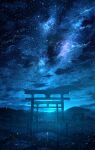 absurdres blue_theme blurry city city_lights clouds commentary dark depth_of_field galaxy grass highres hill light_particles lily_pad milky_way moon moonlight night night_sky no_humans original river scenery shadow signature sky skyrick9413 star_(sky) starry_sky torii water 