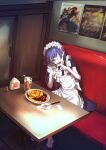  1girl :d absurdres apron bangs booth checkered cup drinking_glass drinking_straw eyebrows_visible_through_hair eyepatch food frills heart heart_hands highres long_hair looking_at_viewer maid maid_apron napkin omurice open_mouth original poster_(object) purple_hair sitting smile solo spoon table teeth violet_eyes white_legwear yelsh 