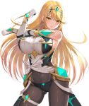  1girl absurdres black_legwear blonde_hair blush breasts earrings gloves highres jewelry large_breasts long_hair mythra_(massive_melee)_(xenoblade) mythra_(xenoblade) navel nemunemu_semi pantyhose shiny shiny_clothes stretch super_smash_bros. sweat very_long_hair white_gloves xenoblade_chronicles_(series) xenoblade_chronicles_2 yellow_eyes 