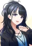 1girl black_hair blush commentary_request eyelashes gradient gradient_background happy idolmaster idolmaster_shiny_colors kazano_hiori light_blush long_hair looking_at_viewer mole open_mouth ponytail smile solo tsukikage_oyama violet_eyes