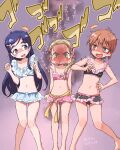  2018 3girls adapted_costume bikini bikini_bottom bikini_top blonde_hair blue_eyes blue_hair brown_eyes brown_hair commentary_request eyelashes frilled_bikini frills futari_wa_precure futari_wa_precure_max_heart hair_ornament hairclip highres isedaichi_ken kujou_hikari long_hair misumi_nagisa multiple_girls navel ponytail pout precure short_hair side_ponytail sketch standing swimsuit translation_request yellow_eyes yukishiro_honoka 