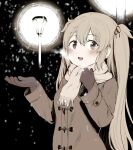  1girl bangs blush breath brown_coat brown_eyes brown_gloves coat gloves hair_ribbon heterochromia jacket kantai_collection lamppost long_hair long_sleeves mirui2 murasame_(kancolle) open_mouth outdoors red_eyes remodel_(kantai_collection) ribbon scarf sidelocks snowing solo two_side_up upper_body 