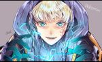  apex_legends artist_name black_gloves blonde_hair blue_eyes blue_sweater character_name chromatic_aberration close-up electricity eyebrows_behind_hair gloves grey_background hood hood_up jacket lichtenberg_figure open_hands open_mouth orange_jacket osushimax ribbed_sweater scar scar_on_cheek scar_on_face smile sweater turtleneck upper_body wattson_(apex_legends) 