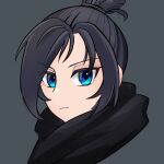  1girl apex_legends bangs black_hair black_scarf blue_eyes expressionless grey_background hair_behind_ear hair_bun head_only highres looking_at_viewer parted_bangs scarf solo tied_hair v-shaped_eyebrows wraith_(apex_legends) zoshiki_shizuku 