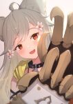  1girl :d ahoge animal_ear_fluff animal_ears bangs black_collar brown_eyes claw_(weapon) collar commentary_request erune eyebrows_visible_through_hair flower granblue_fantasy grey_hair hair_flower hair_ornament hands_up head_tilt highres hood hood_down long_hair looking_at_viewer open_mouth sen_(granblue_fantasy) smile solo uneg upper_body weapon white_flower 