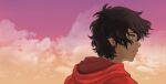  1boy bangs brown_hair closed_mouth clouds cloudy_sky expressionless from_behind from_side green_eyes highres hood hood_down hoodie male_focus messy_hair nairdags new_year original outdoors pink_sky profile red_hoodie short_hair sky solo upper_body 
