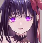  1girl akuma_homura bangs black_choker bow choker collarbone hair_between_eyes hair_bow highres long_hair looking_at_viewer mahou_shoujo_madoka_magica parted_lips portrait purple_hair red_bow riri_(ririwaldorf) shiny shiny_hair solo 