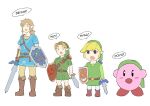  4boys automatic_giraffe belt blonde_hair blue_tunic blush_stickers boots brown_footwear brown_hair cosplay english_text green_headwear green_tunic harness holding holding_shield holding_sword holding_weapon kirby kirby_(series) knee_boots left-handed leggings link link_(cosplay) low_ponytail master_sword medium_hair multiple_belts multiple_boys multiple_persona odd_one_out pointy_ears scabbard sheath shield short_hair speech_bubble super_smash_bros. sword the_legend_of_zelda the_legend_of_zelda:_breath_of_the_wild the_legend_of_zelda:_ocarina_of_time the_legend_of_zelda:_the_wind_waker time_paradox toon_link weapon young_link 