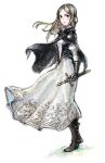  1girl blade blonde_hair boots bravely_default_(series) bravely_default_2 dress gloria_(bravely_default_2) gloria_neu_musa gloves holding holding_sword holding_weapon knife long_hair looking_at_viewer lowres nintendo official_art solo square_enix sword transparent_background weapon white_dress 