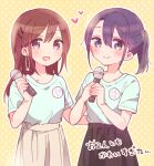  2girls :d absurdres adachi_sakura adachi_to_shimamura bangs black_hair black_skirt blue_eyes blue_shirt blush brown_hair brown_skirt closed_mouth collarbone eyebrows_visible_through_hair hair_between_eyes hair_ornament hairclip heart highres holding holding_microphone hood long_hair looking_at_viewer microphone multiple_girls open_mouth outline pleated_skirt polka_dot polka_dot_background ponytail shimamura_hougetsu shirt short_sleeves skirt smile sorimachi-doufu translation_request violet_eyes white_outline yellow_background 
