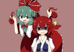  2girls :d ^^^ bangs blunt_bangs blush bow brown_background commentary_request cookie_(touhou) dress eyebrows_visible_through_hair frilled_dress frilled_ribbon frills front_ponytail green_eyes green_hair hair_between_eyes hair_bobbles hair_bow hair_ornament hair_ribbon higashi_aisu holding holding_hair kagiyama_hina long_hair looking_at_viewer miyako_(naotsugu) multiple_girls onozuka_komachi open_mouth puffy_short_sleeves puffy_sleeves red_dress red_eyes red_ribbon redhead ribbon shaded_face shishou_(cookie) short_hair short_sleeves simple_background smile solo sweatdrop touhou two_side_up upper_body 
