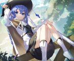  1girl bangs black_skirt blue_eyes blue_hair blue_sky boots braid brown_cape brown_headwear cape closed_mouth clouds crossed_bangs hair_between_eyes hat highres long_hair looking_at_viewer mushoku_tensei outdoors roxy_migurdia sitting skirt sky solo sukocchi white_footwear witch_hat 