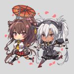  2girls anchor black_legwear brown_hair cherry_blossoms chibi dark_skin dark-skinned_female full_body glasses grey_background grey_skirt headgear hip_vent holding_hands kantai_collection kasumi_(skchkko) long_hair miniskirt multiple_girls musashi_(kancolle) oil-paper_umbrella parted_lips pleated_skirt ponytail red_eyes red_skirt red_umbrella sakuramon silver_hair simple_background single_thighhigh skirt thigh-highs two_side_up umbrella yamato_(kancolle) z_flag 