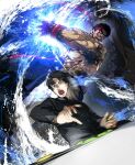  2boys abs black_hair blood blood_on_face character_request dougi energy_beam headband highres large_pectorals male_focus motion_blur multiple_boys muscular muscular_male nipples nishiide_kengorou pants ryu_(street_fighter) shirtless short_hair spiky_hair stomach street_fighter veins white_pants 
