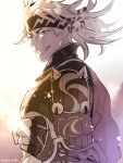  1boy blonde_hair edamameoishii fate/grand_order fate_(series) fingerless_gloves gloves headband heian_warrior_attire_(fate/grand_order) highres igote looking_at_viewer male_focus official_alternate_costume pectorals pov sakata_kintoki_(fate) short_hair smile solo spiky_hair sunlight toned toned_male upper_body 