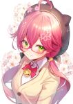  1girl 35p_(sakura_miko) :3 ahoge alternate_costume alternate_hairstyle animal_hat bell cherry_blossoms glasses green_eyes hair_ornament hairclip hat highres hololive official_alternate_costume pink-framed_eyewear pink_hair sakura_miko semi-rimless_eyewear solo teltelhousi virtual_youtuber 